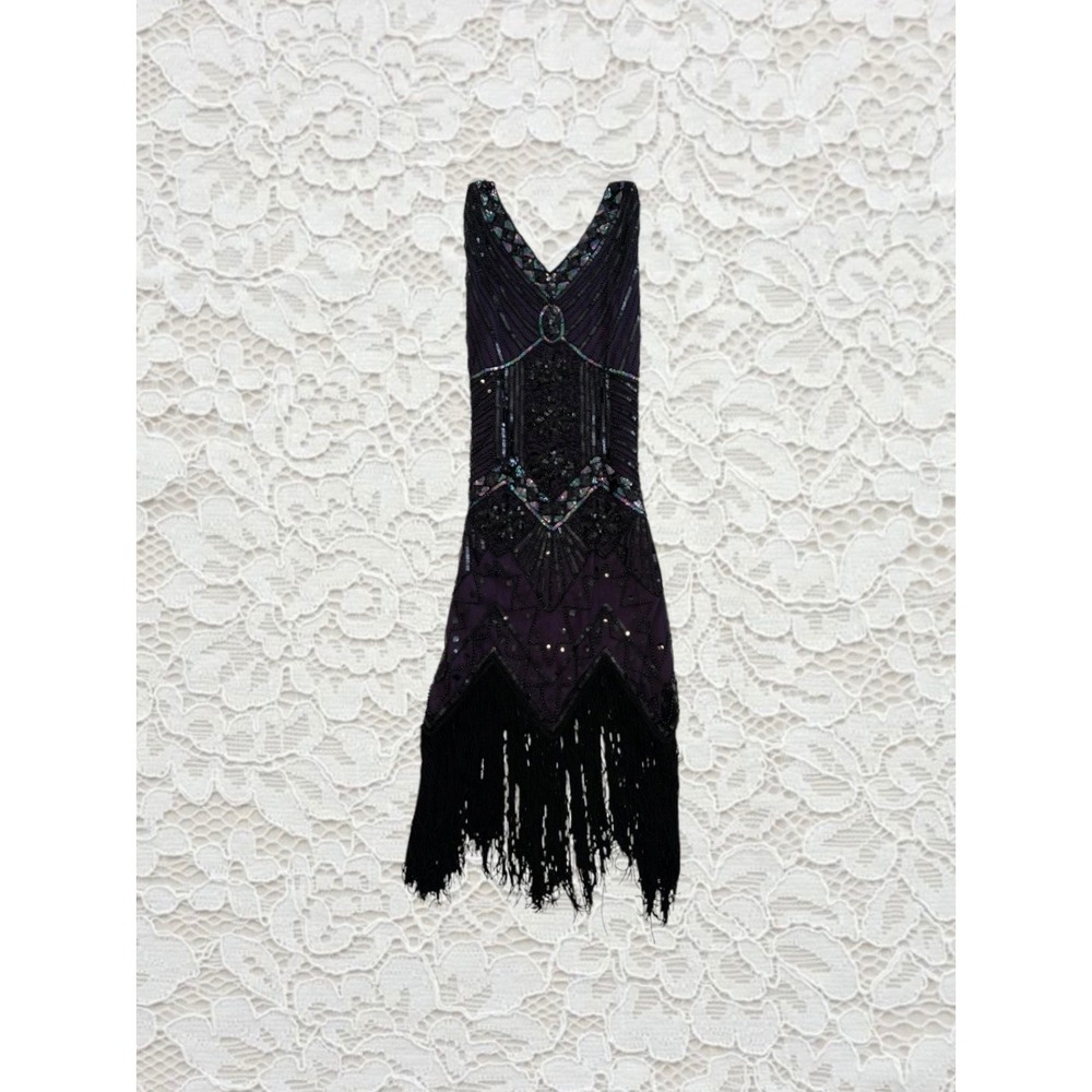 vintage purple & black beaded drop waist flapper midi dress with fringe